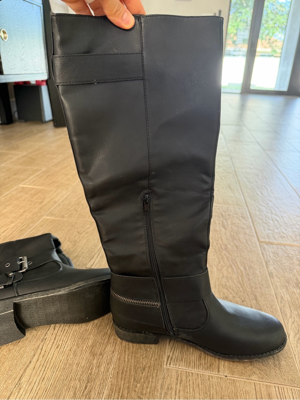 Black Knee-High Buckle Riding Boots - Picture 3 of 6
